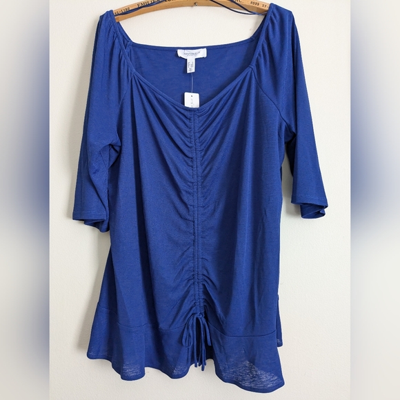 Addition Elle, Royal blue, 3/4 length sleeve, crepe shirt with ruffled hem. - Picture 1 of 16